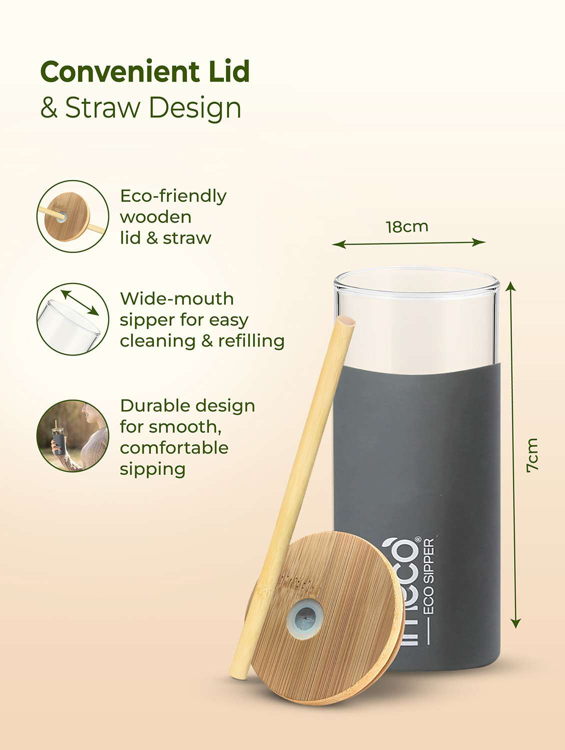 imeco eco-sipper borosilicate glass sipper with bamboo straw 450 ml - peach - 22174109 -  Standard Image - 3