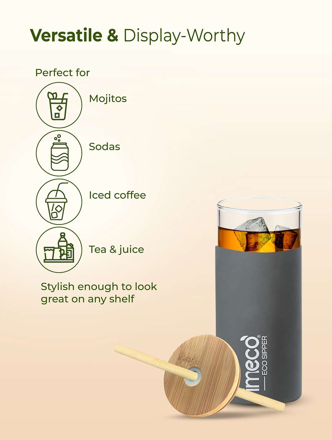 imeco eco-sipper borosilicate glass sipper with bamboo straw 450 ml - peach - 22174109 -  Standard Image - 5