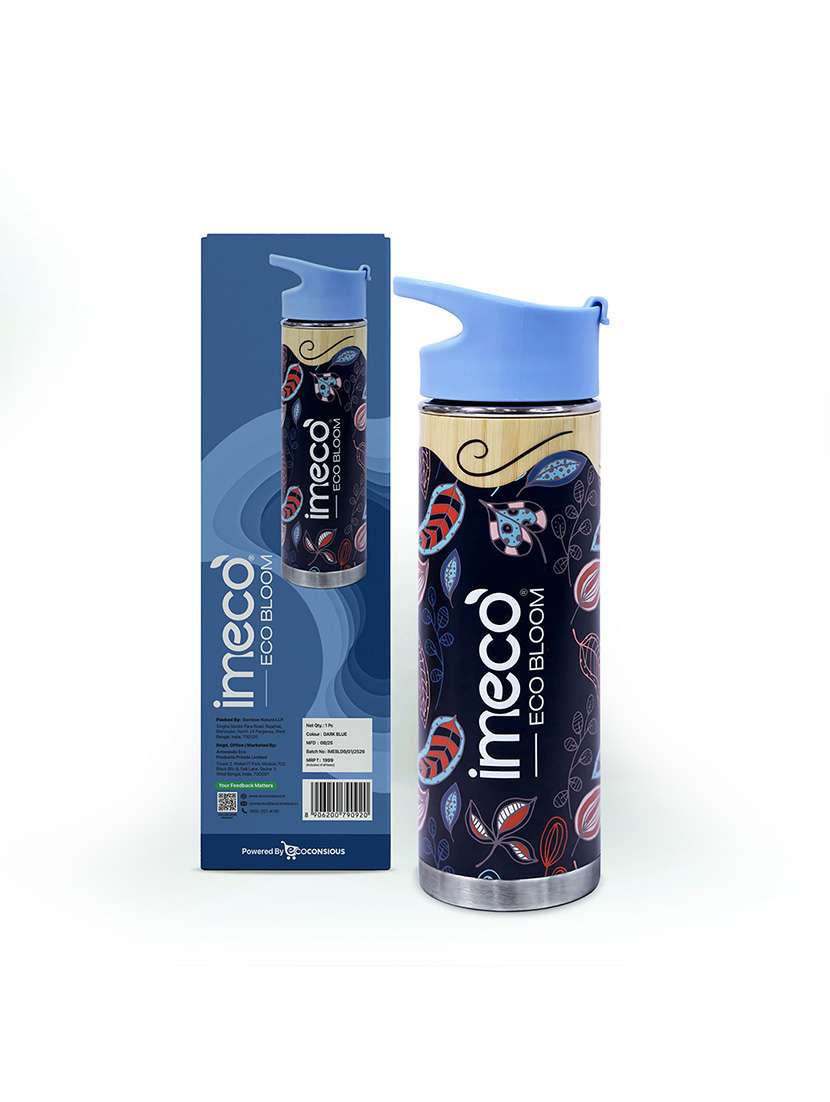 imeco eco bloom printed bamboo water bottle 450 ml - dark blue