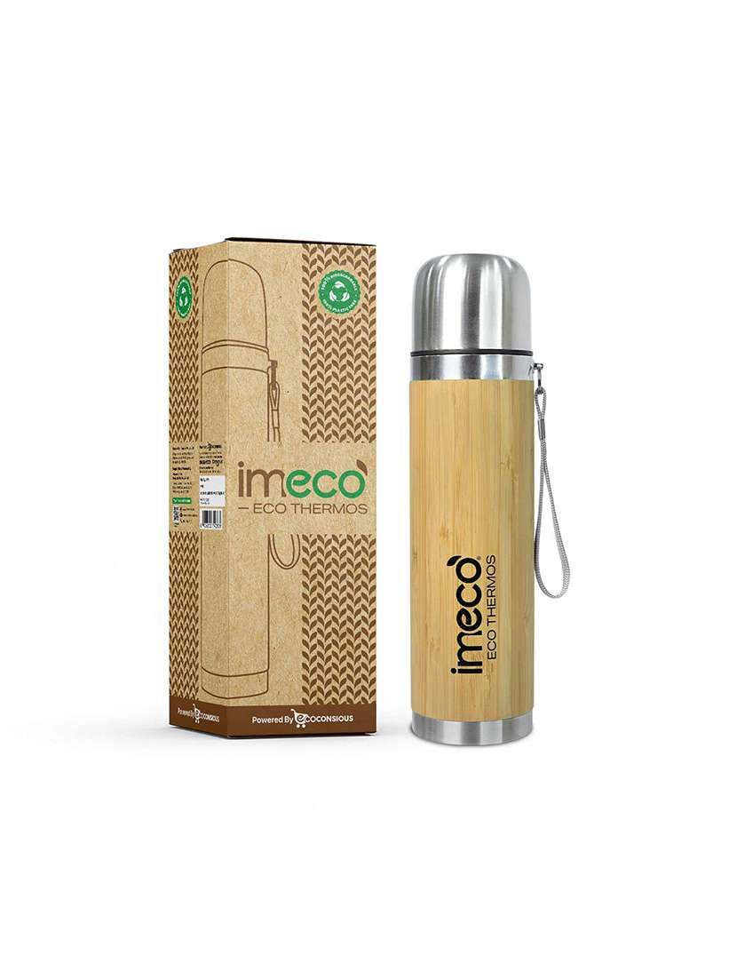 imeco bamboo thermos insulated vacuum flask upto 24 hrs hot & cold 450 ml