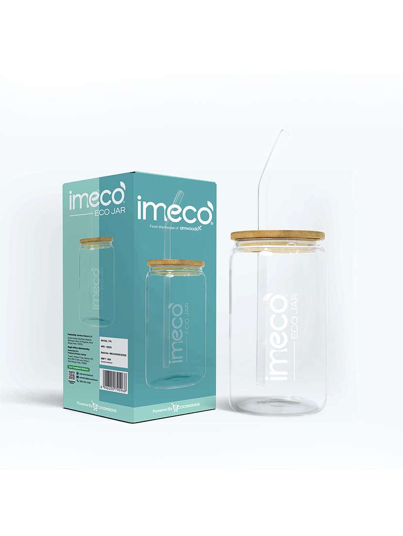 imeco eco jar borosilicate glass sipper with bamboo lid & straw for smoothies, juices, cold coffee - 400 ml - 22174117 -  Zoom Image - 0
