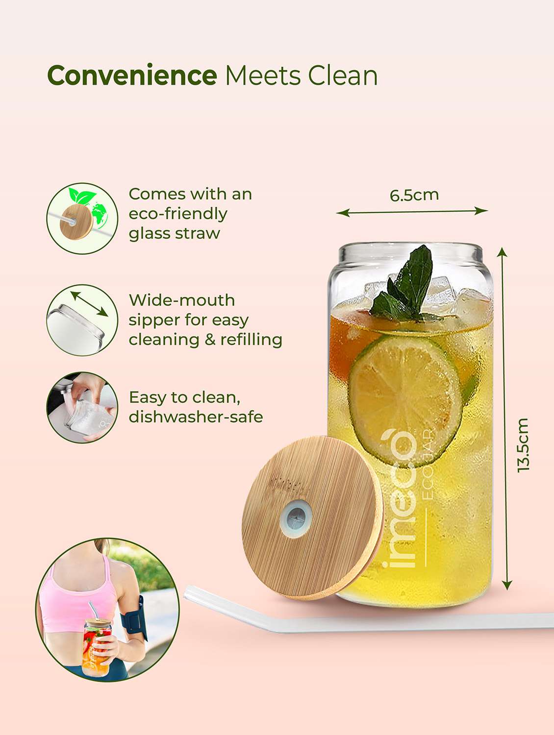 imeco eco jar borosilicate glass sipper with bamboo lid & straw for smoothies, juices, cold coffee - 400 ml - 22174117 -  Standard Image - 3