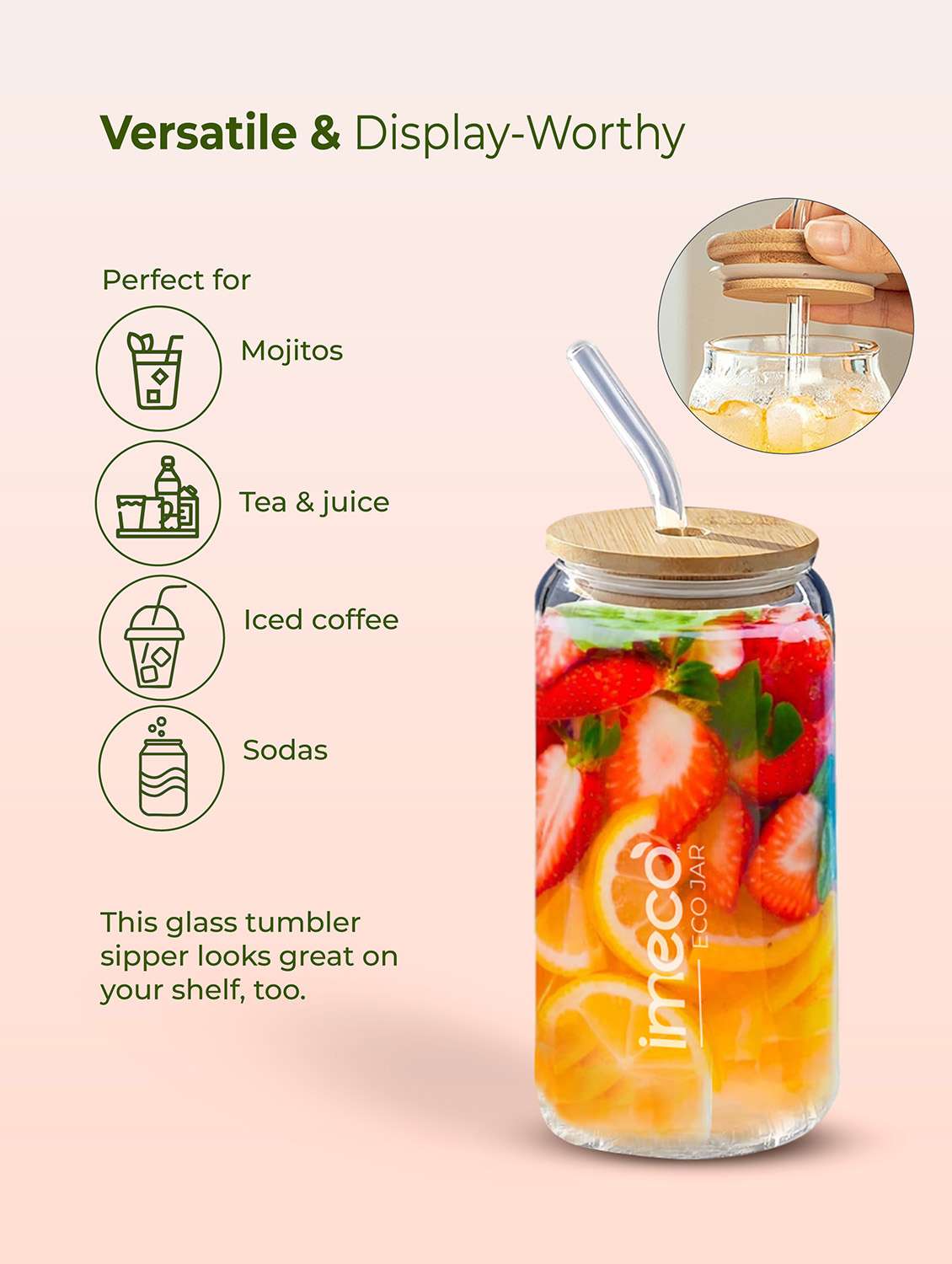 imeco eco jar borosilicate glass sipper with bamboo lid & straw for smoothies, juices, cold coffee - 400 ml - 22174117 -  Standard Image - 5
