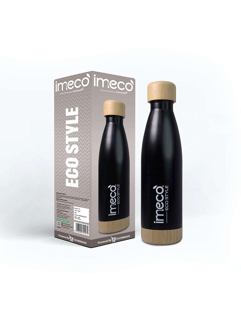 imeco eco style stainless steel water bottle with bamboo base 500 ml - black