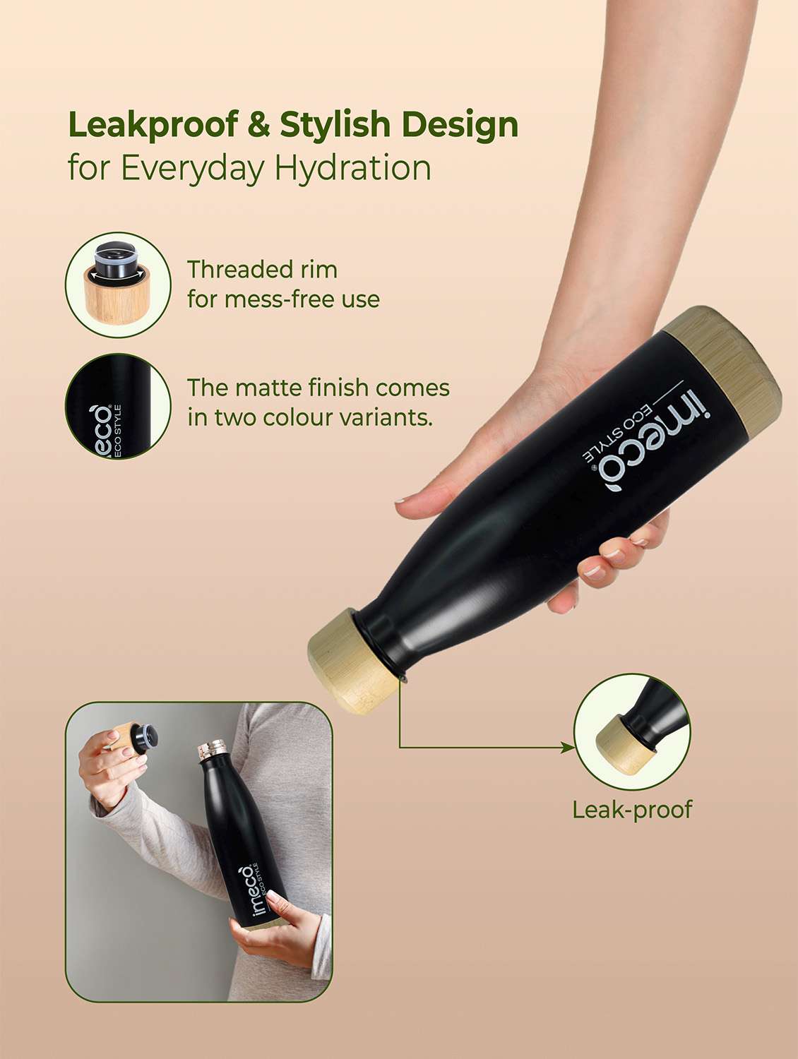 imeco eco style stainless steel water bottle with bamboo base 500 ml - black - 22174121 -  Standard Image - 5