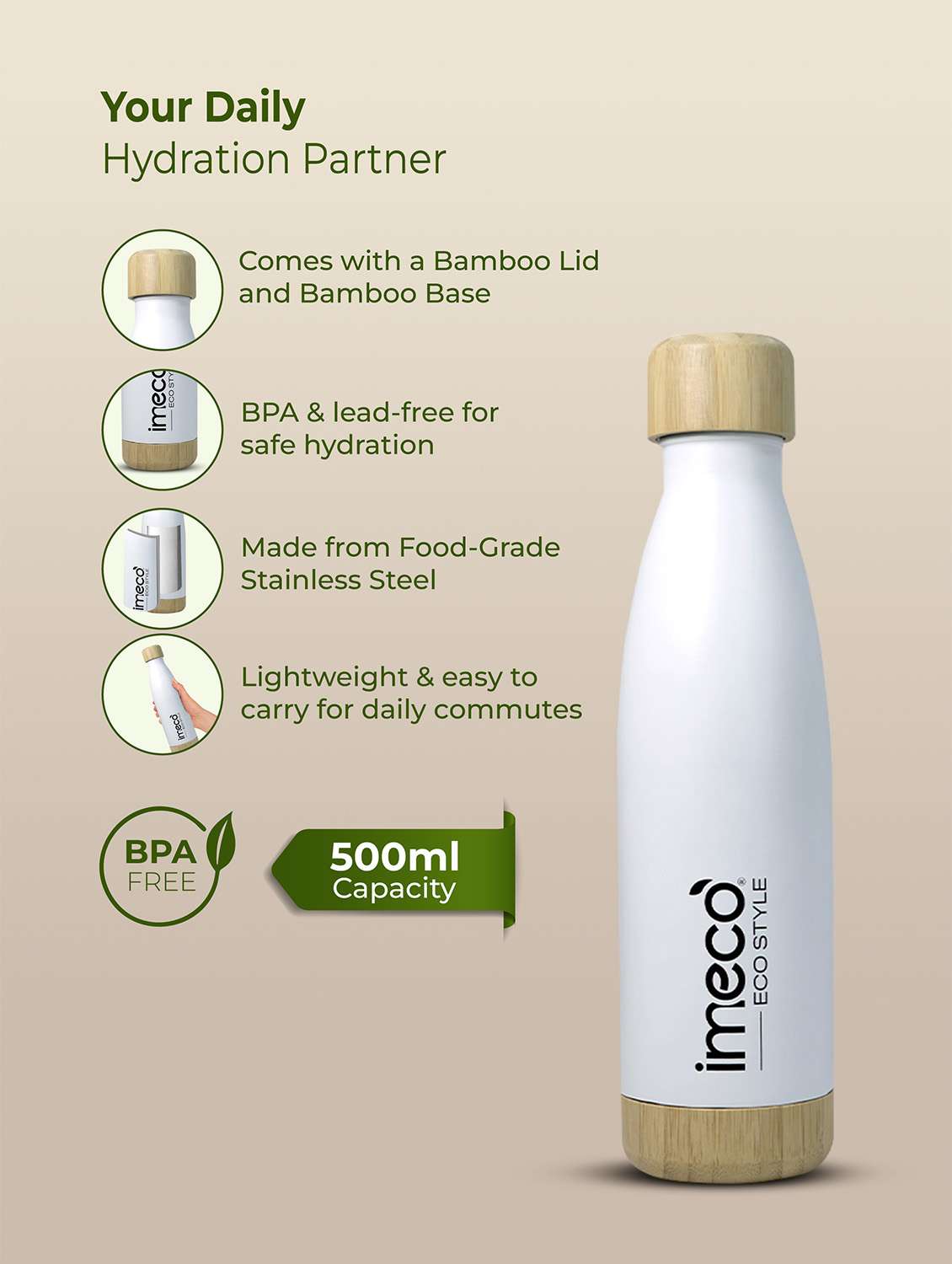 imeco eco style stainless steel water bottle with bamboo base 500 ml - black - 22174122 -  Standard Image - 5