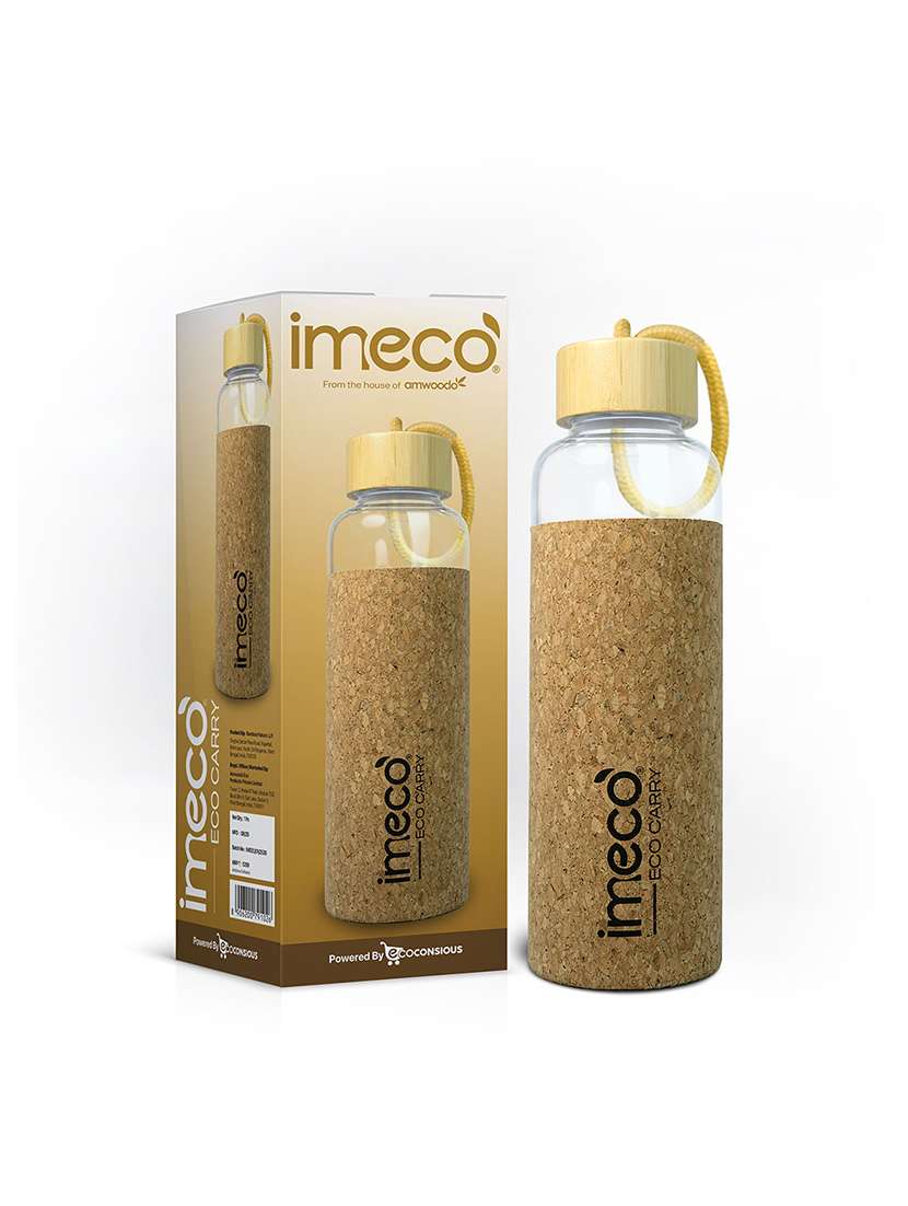 imeco eco carry borosilicated glass water bottle with cork sleeve cover 500 ml - brown