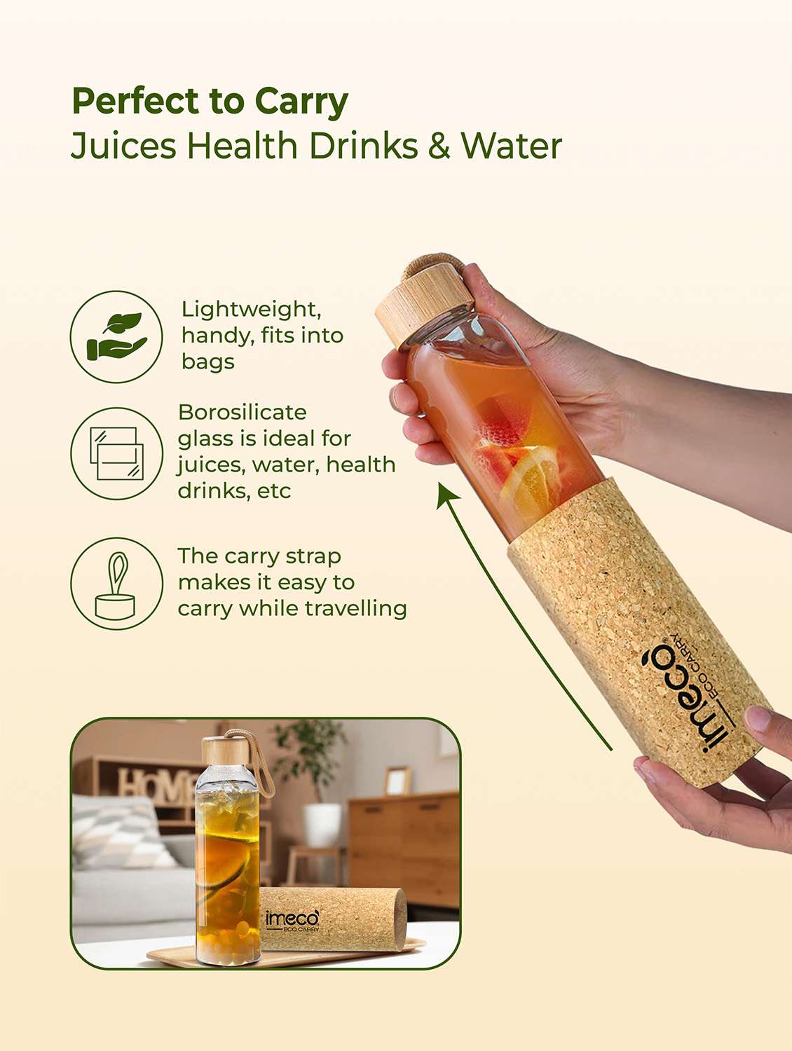 imeco eco carry borosilicated glass water bottle with cork sleeve cover 500 ml - brown - 22174123 -  Standard Image - 3