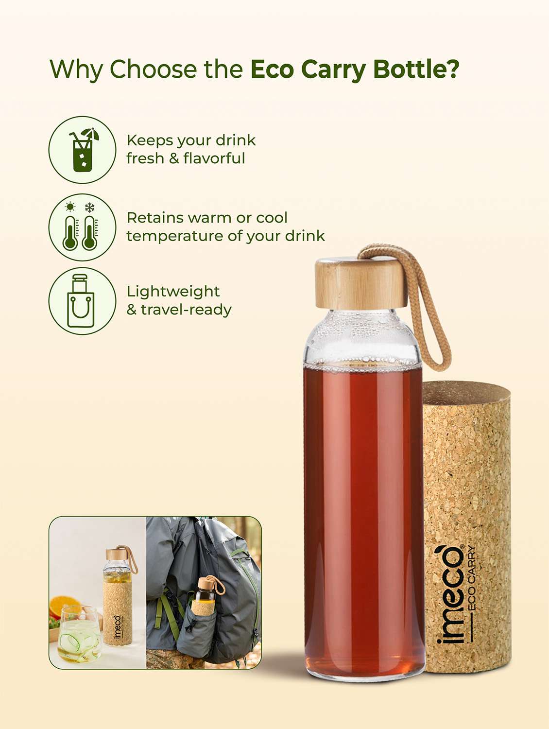imeco eco carry borosilicated glass water bottle with cork sleeve cover 500 ml - brown - 22174123 -  Standard Image - 5