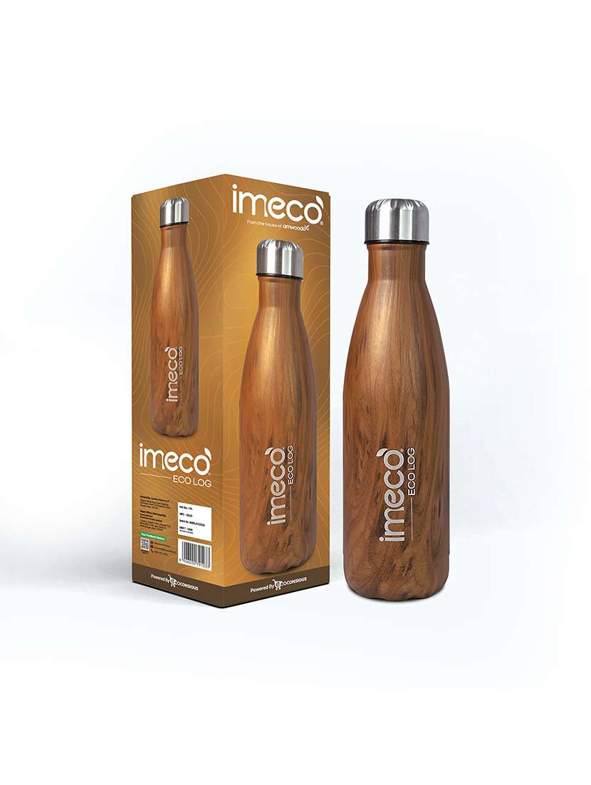imeco eco log stainless steel water bottle with wooden texture 500 ml - brown