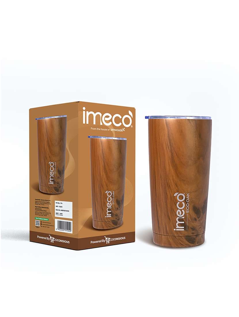 imeco eco oak stainless steel water bottle with wooden texture 600 ml - brown