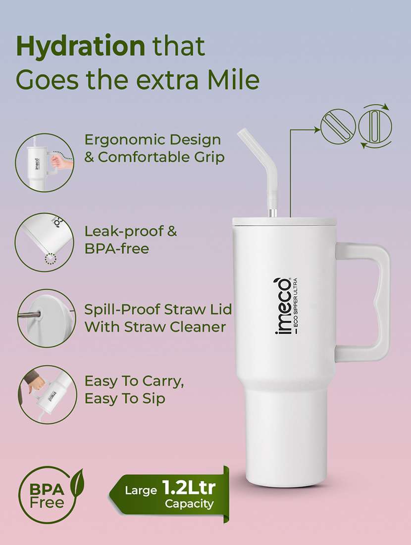 imeco eco sipper ultra stainless steel tumbler with straw & straw cleaner 1.2 litre - white - 22174126 -  Standard Image - 3