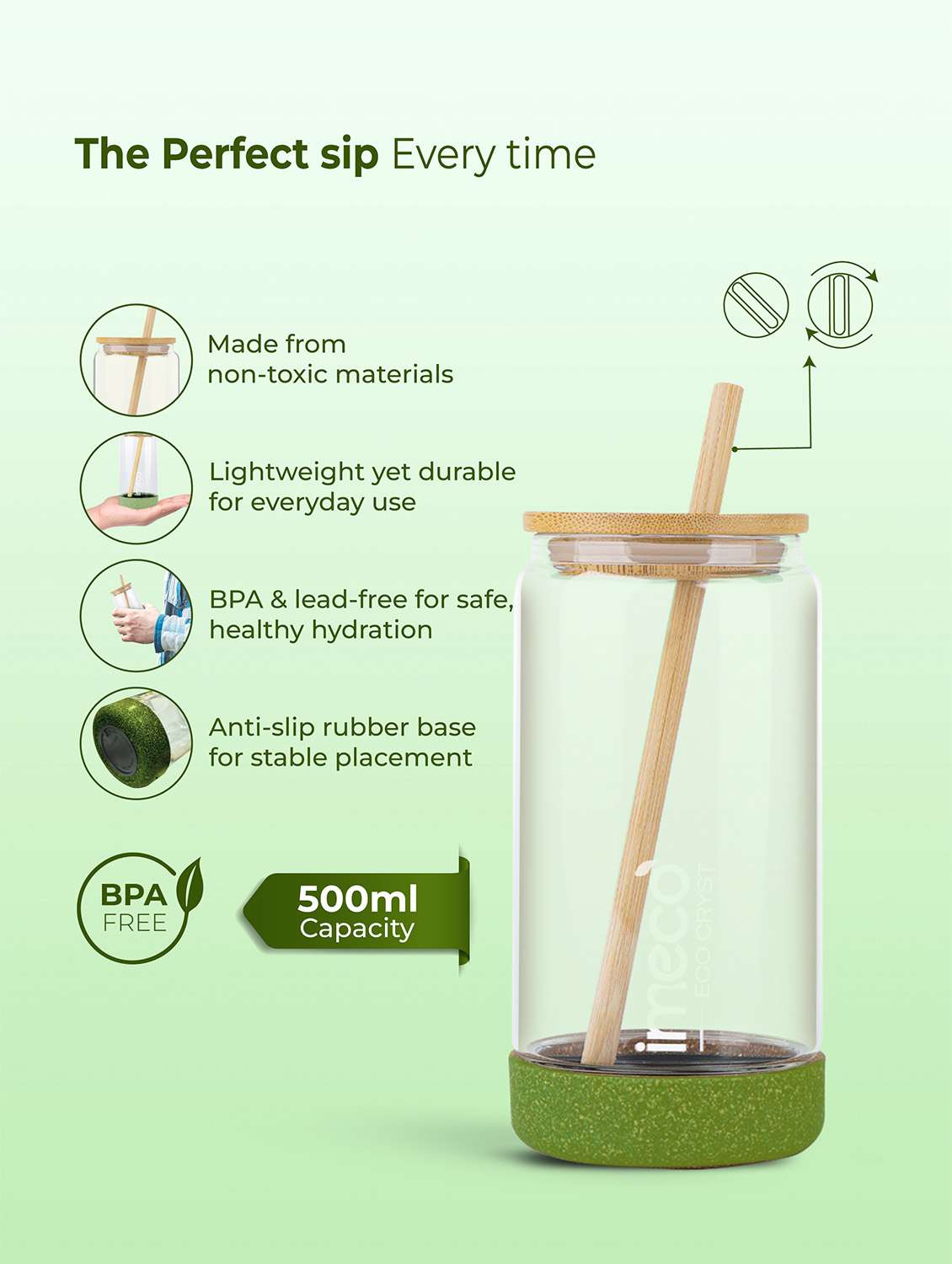 imeco eco cryst borosilicate glass sipper with bamboo lid & reusable straw 500 ml - light green - 22174130 -  Standard Image - 3
