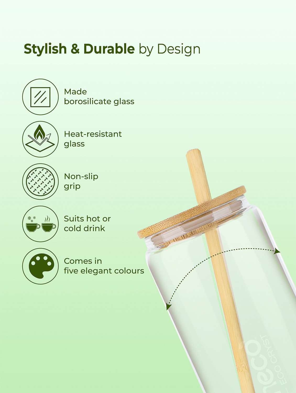 imeco eco cryst borosilicate glass sipper with bamboo lid & reusable straw 500 ml - light green - 22174130 -  Standard Image - 5