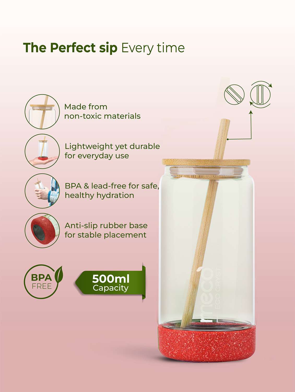 imeco eco cryst borosilicate glass sipper with bamboo lid & reusable straw 500 ml - light green - 22174131 -  Standard Image - 3