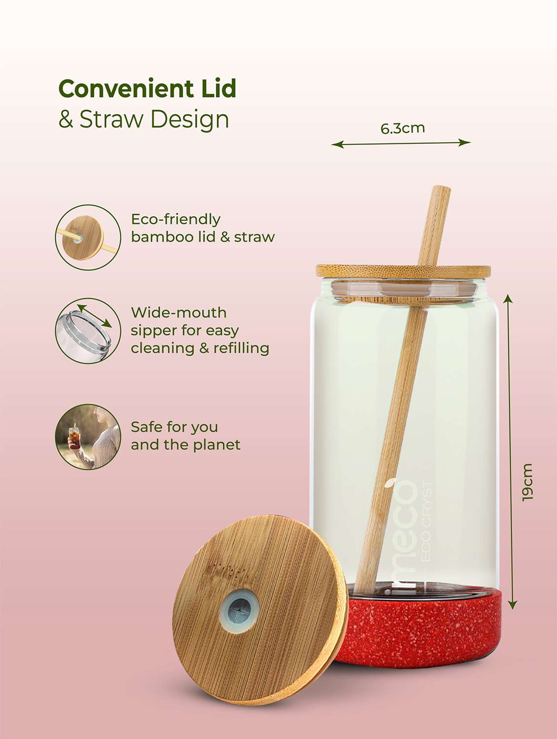 imeco eco cryst borosilicate glass sipper with bamboo lid & reusable straw 500 ml - light green - 22174131 -  Standard Image - 5