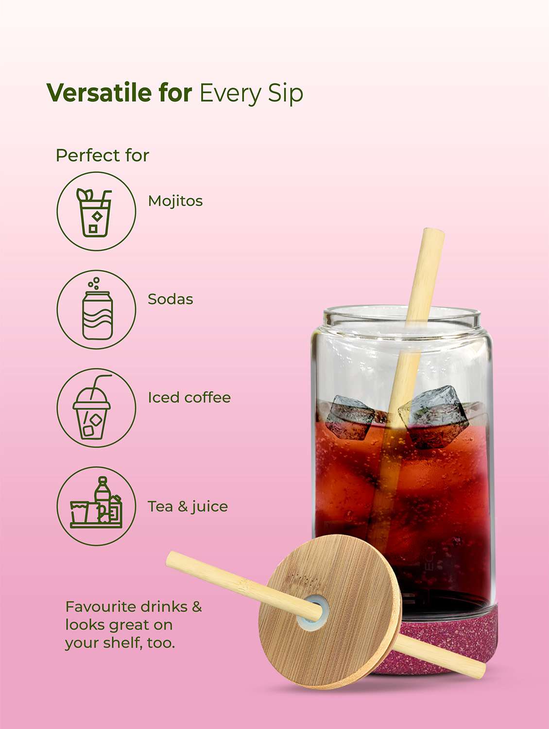 imeco eco cryst borosilicate glass sipper with bamboo lid & reusable straw 500 ml - light green - 22174132 -  Standard Image - 3