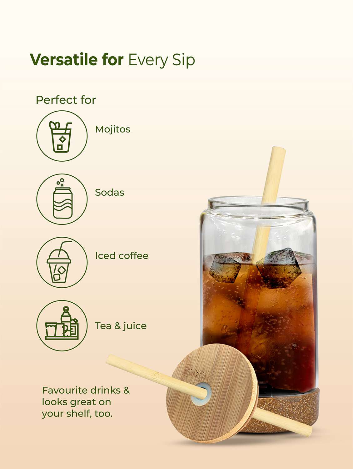 imeco eco cryst borosilicate glass sipper with bamboo lid & reusable straw 500 ml - light green - 22174133 -  Standard Image - 3