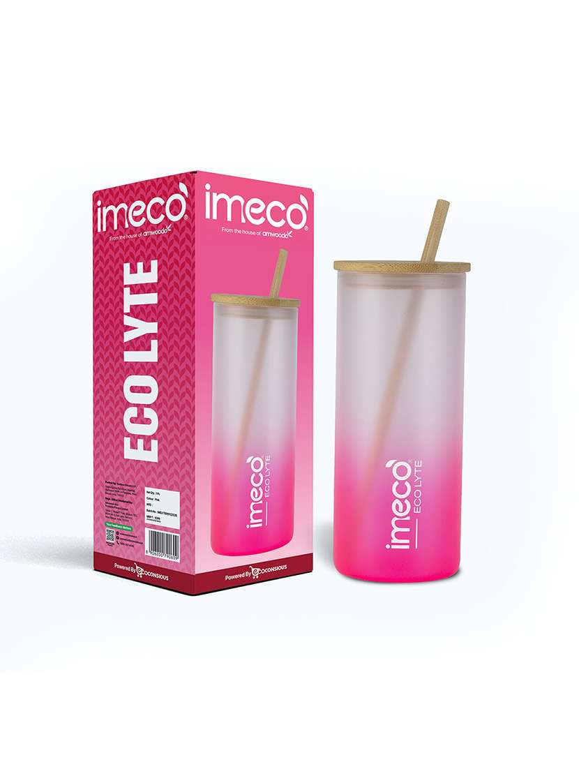 imeco eco lyte borosilicate glass sipper with bamboo lid & reusable straw 600 ml - pink - 22174134 -  Zoom Image - 0