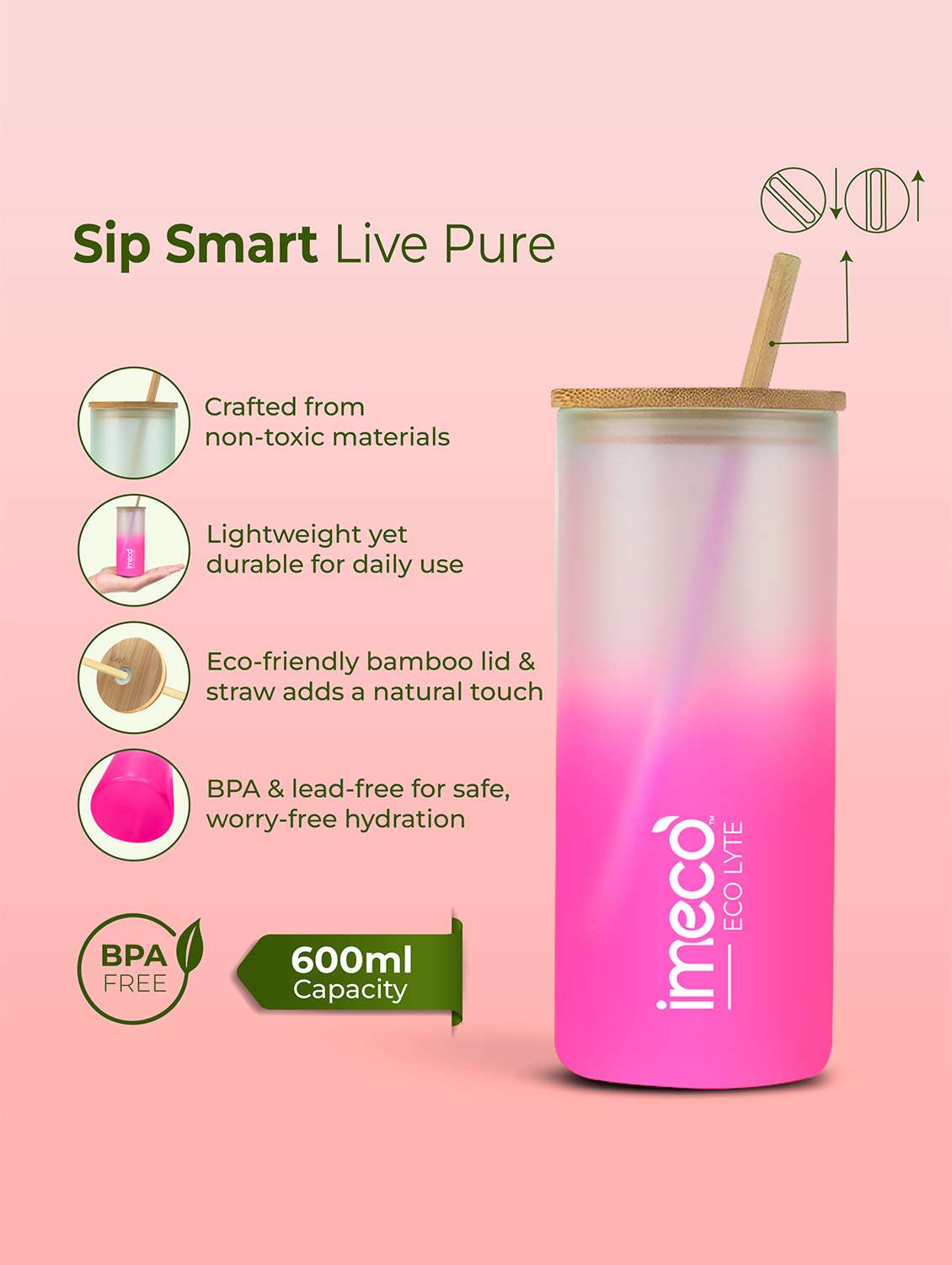 imeco eco lyte borosilicate glass sipper with bamboo lid & reusable straw 600 ml - pink - 22174134 -  Standard Image - 5