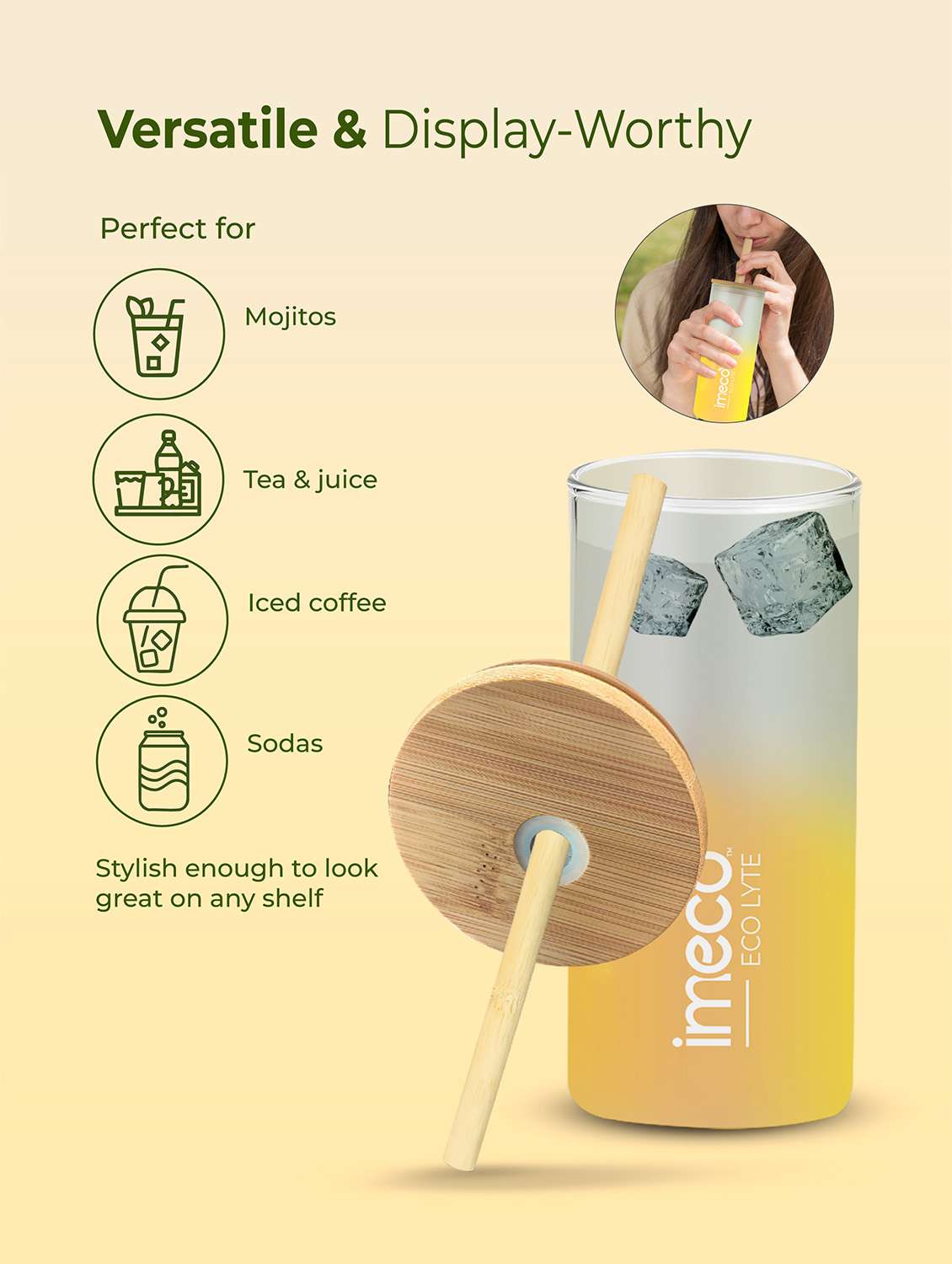 imeco eco lyte borosilicate glass sipper with bamboo lid & reusable straw 600 ml - pink - 22174136 -  Standard Image - 3