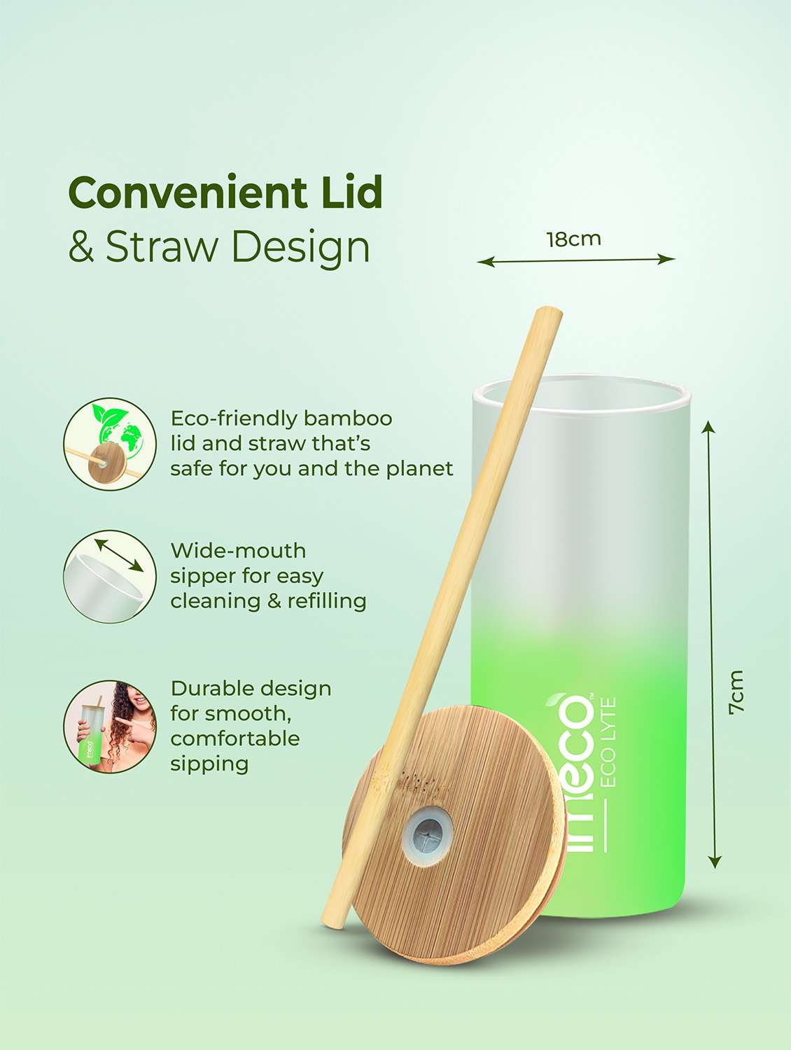 imeco eco lyte borosilicate glass sipper with bamboo lid & reusable straw 600 ml - pink - 22174137 -  Standard Image - 3