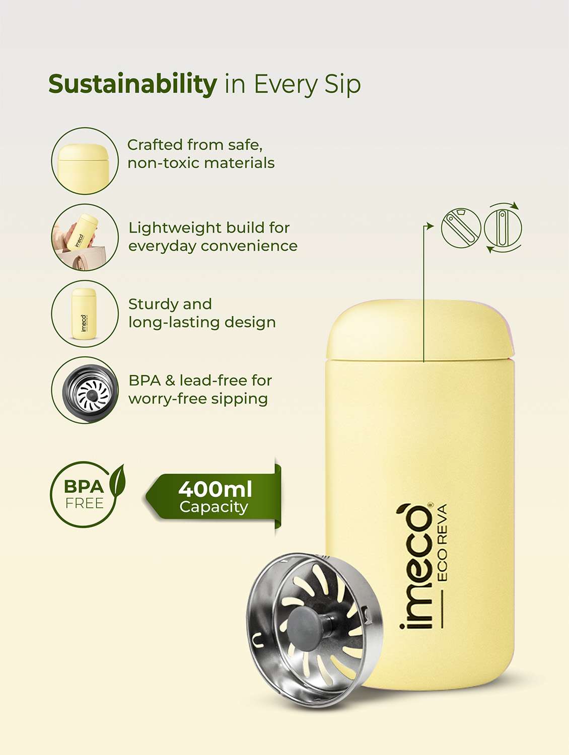 imeco eco reva capsule shaped stainless steel insulated vacuum flask upto 7 hrs hot & cold 400 ml - light yellow - 22174139 -  Standard Image - 3