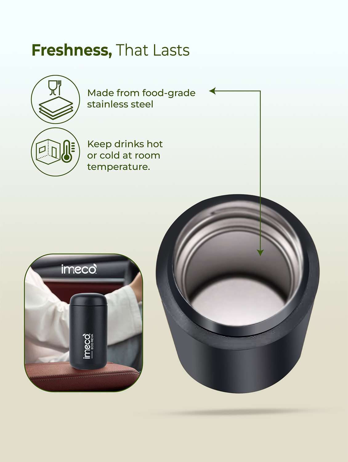 imeco eco reva capsule shaped stainless steel insulated vacuum flask upto 7 hrs hot & cold 400 ml - light yellow - 22174142 -  Standard Image - 3