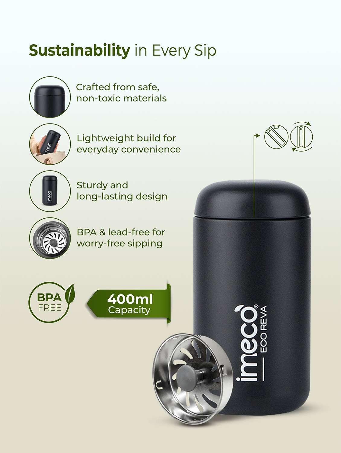 imeco eco reva capsule shaped stainless steel insulated vacuum flask upto 7 hrs hot & cold 400 ml - light yellow - 22174142 -  Standard Image - 5