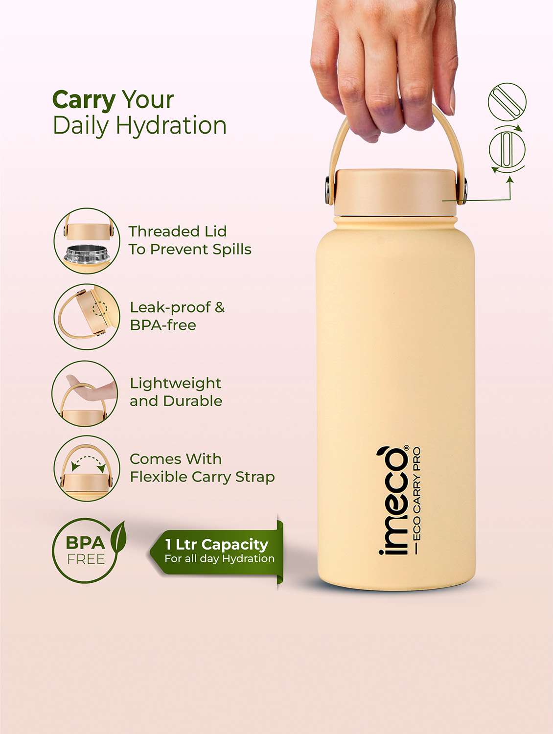 imeco eco carry pro matte finish stainless steel water bottle 1 litre - blue - 22174148 -  Standard Image - 3