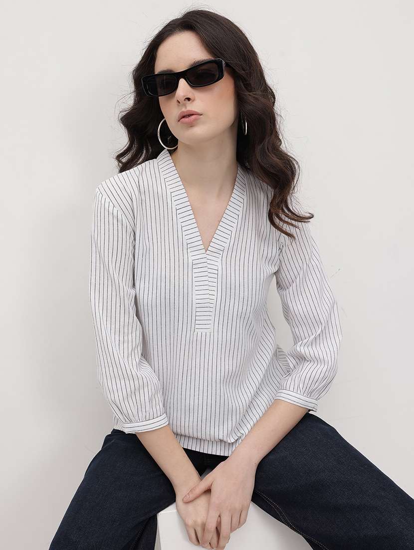 women striped puff sleeve regular top