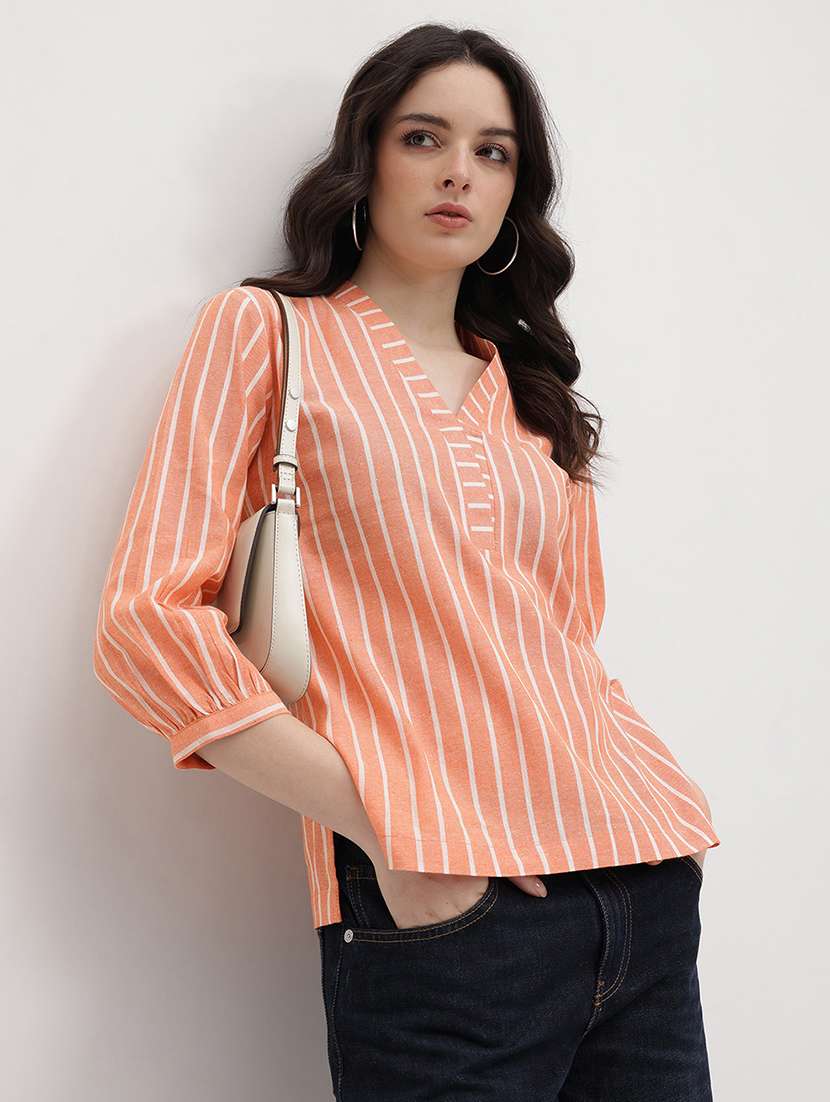 women striped puff sleeve regular top