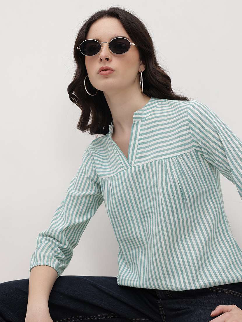 women striped three quarter sleeve regular top