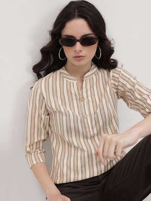 women striped three quarter sleeve regular top - 22174710 -  Standard Image - 0