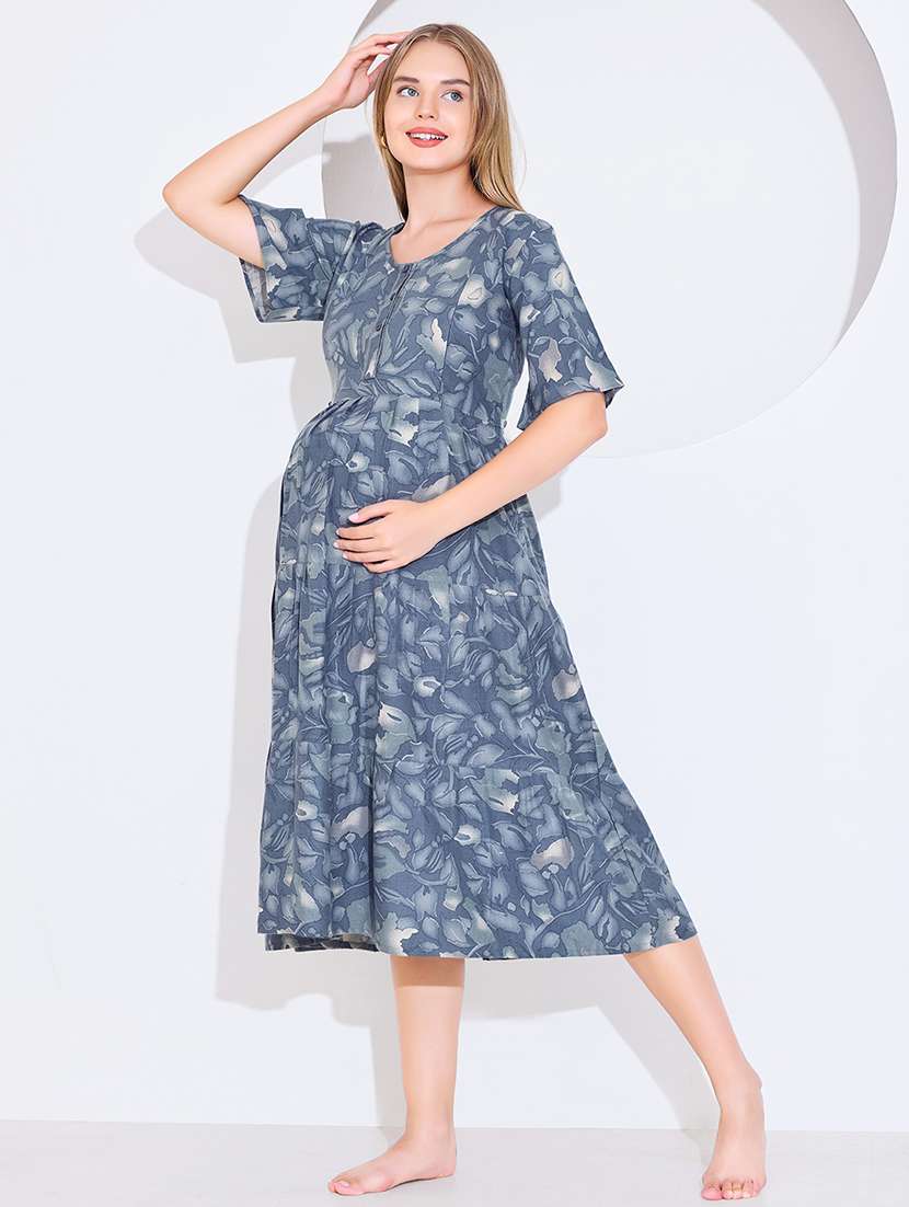 Buy online Women Printed Round Neck Maternity Wear Dress from