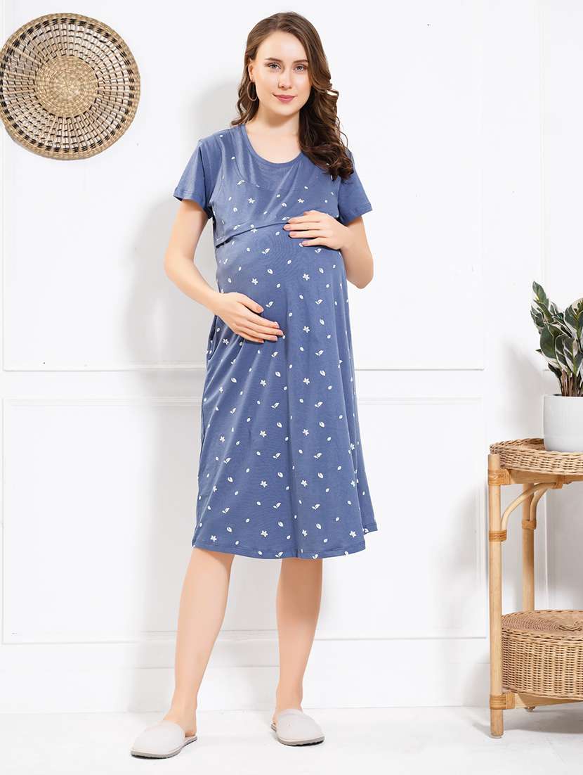 women printed short sleeve maternity wear nighty