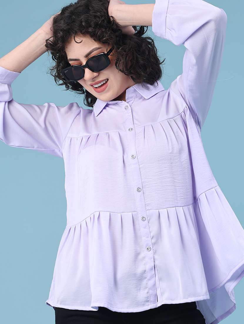 women solid collared long sleeve tiered top