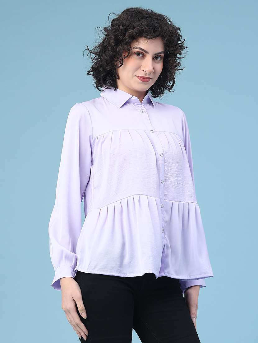 women solid collared long sleeve tiered top - 22174832 -  Standard Image - 3