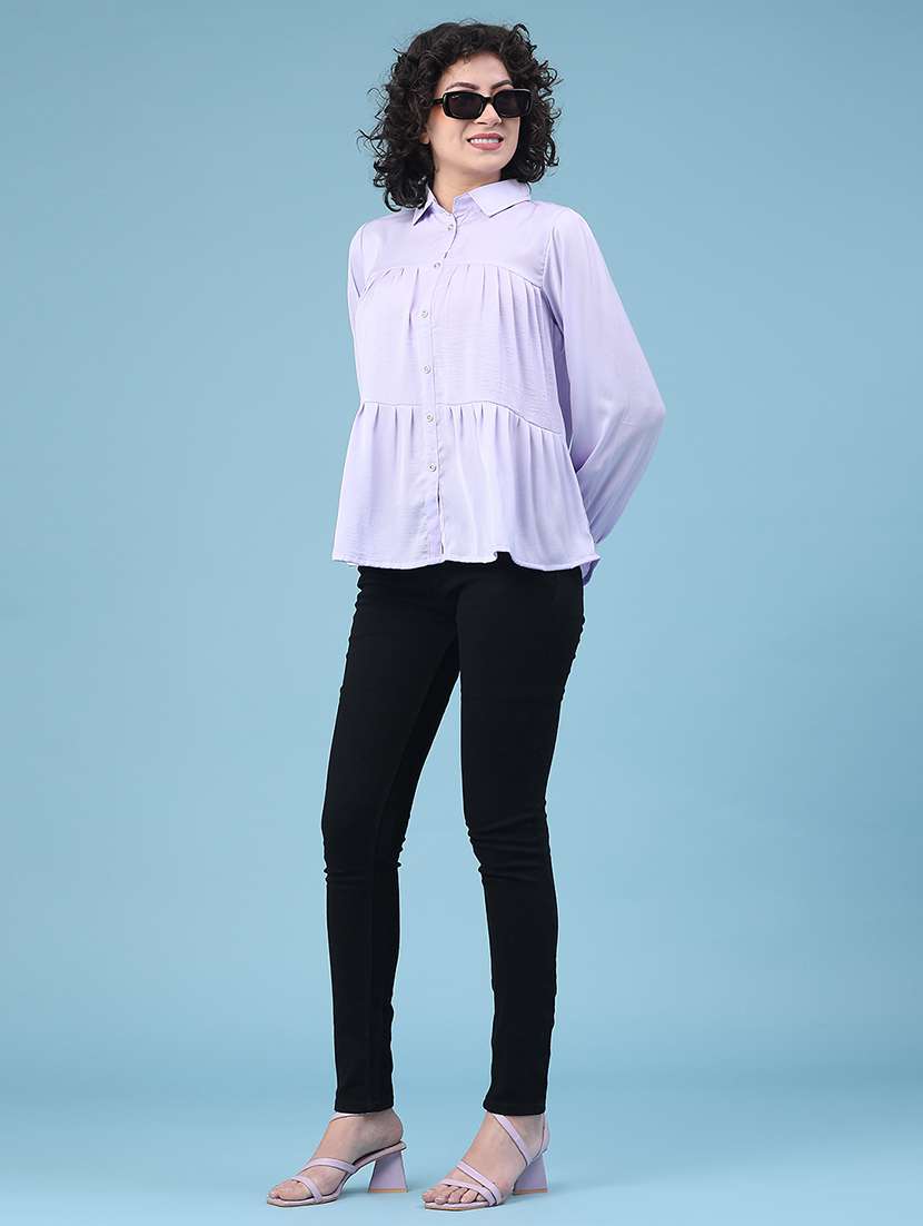 women solid collared long sleeve tiered top - 22174832 -  Standard Image - 5