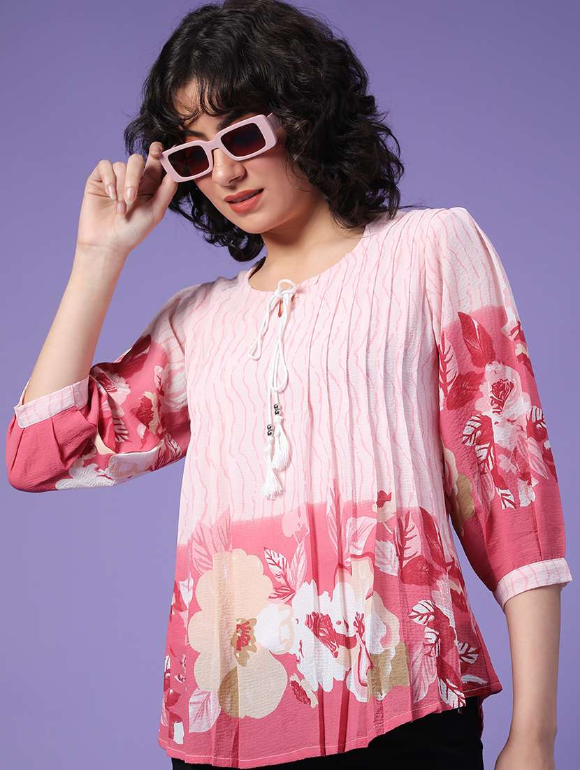 women printed tie-up neck top