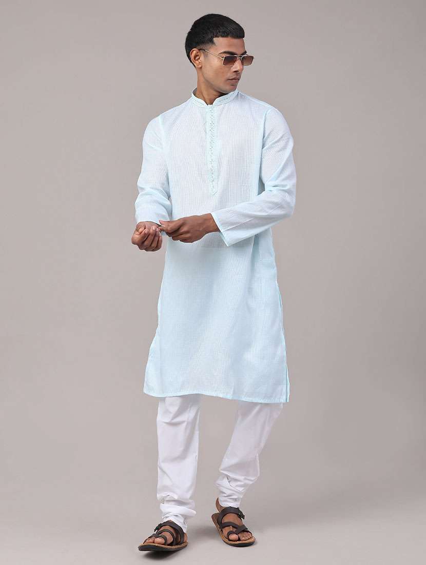 men self design mandarin neck kurta churidar ethnic wear set