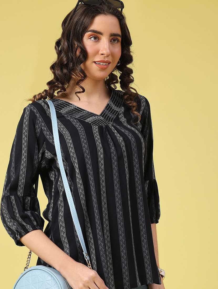 women striped three quarter sleeve a-line kurti