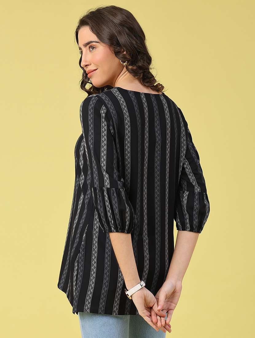 women striped three quarter sleeve a-line kurti - 22175323 -  Standard Image - 3
