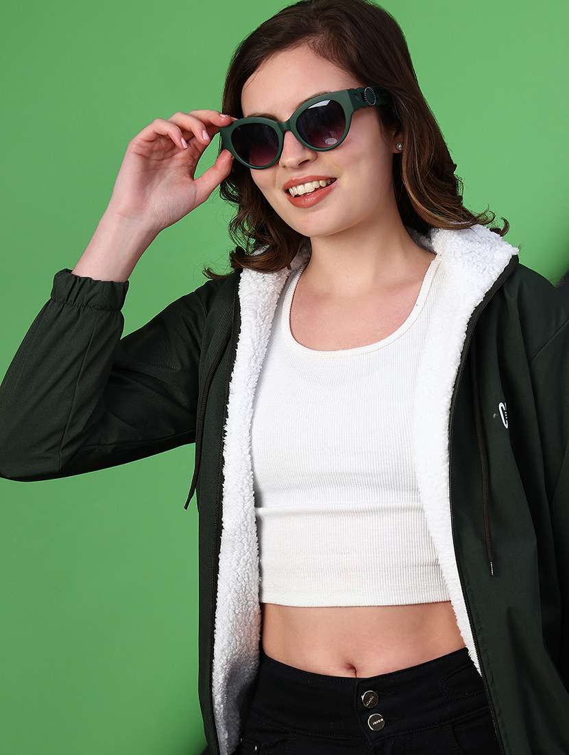 women solid long sleeve hooded regular jacket