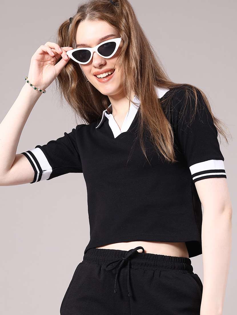 women solid short sleeve crop polo t-shirt