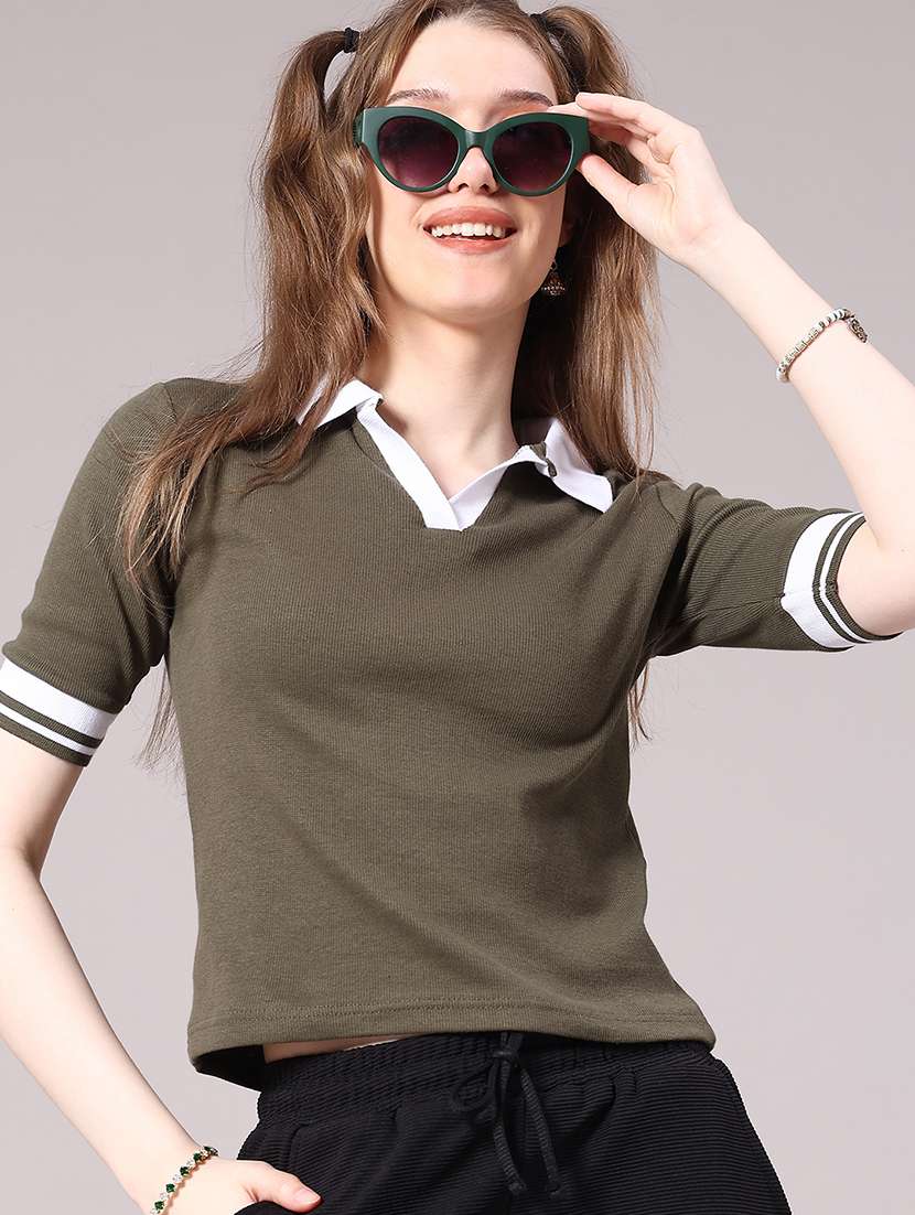 women printed short sleeve crop polo t-shirt