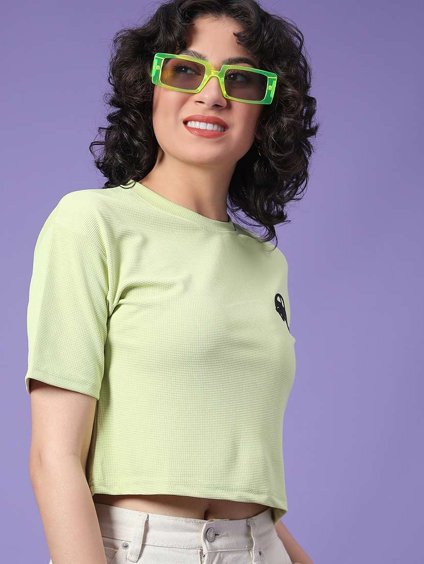 women solid short sleeve crop t-shirt