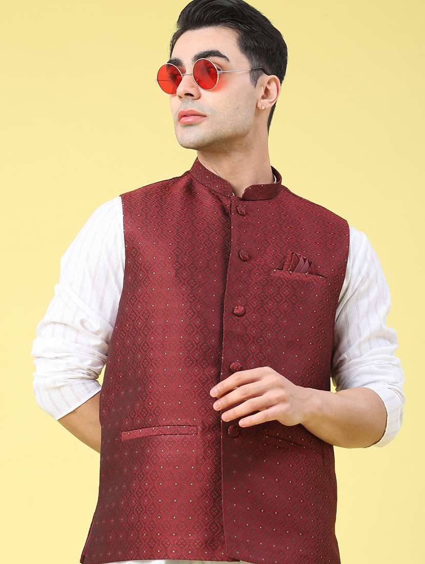 men self design sleeveless nehru jacket