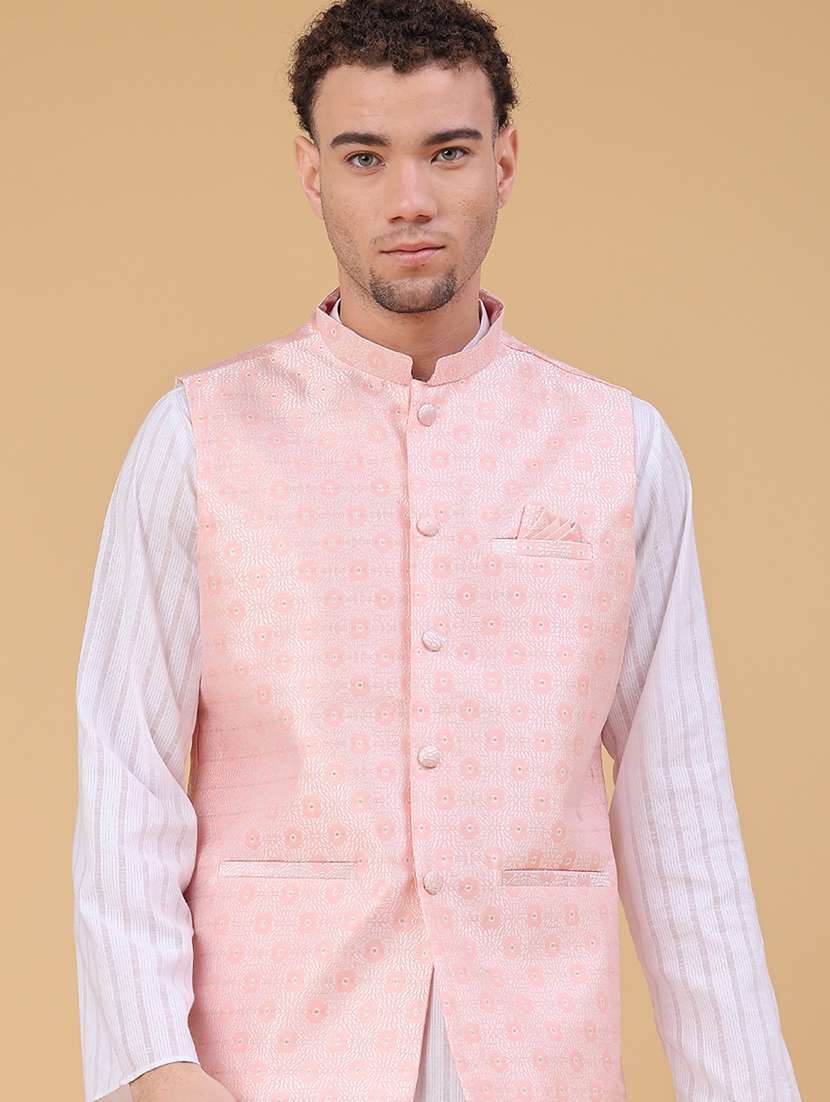 men self design mandarin neck regular fit nehru jacket