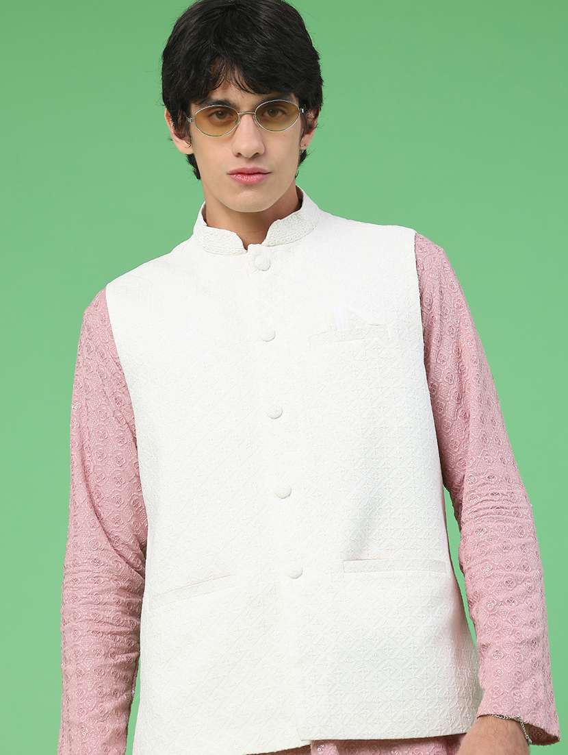 men solid with work mandarin neck nehru jacket
